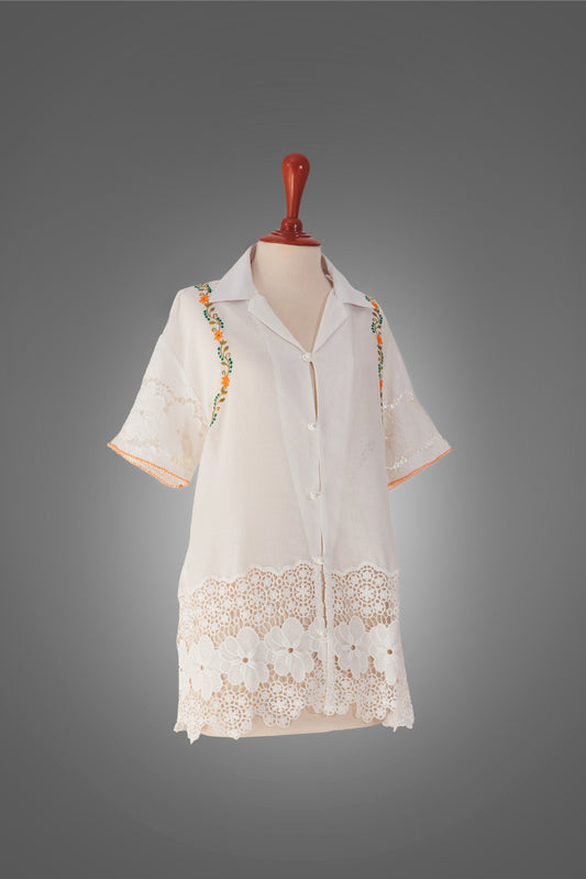 "Marwa on Lace" White Embroidered Floral Shirt