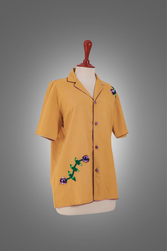 "Phool Pattiyan" Mustard Rose Embroidered Shirt