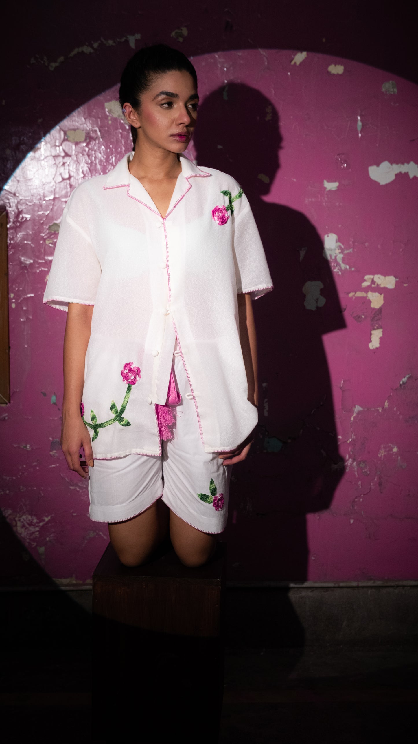 "Phool Pattiyan" White Rose Embroidered Shirt