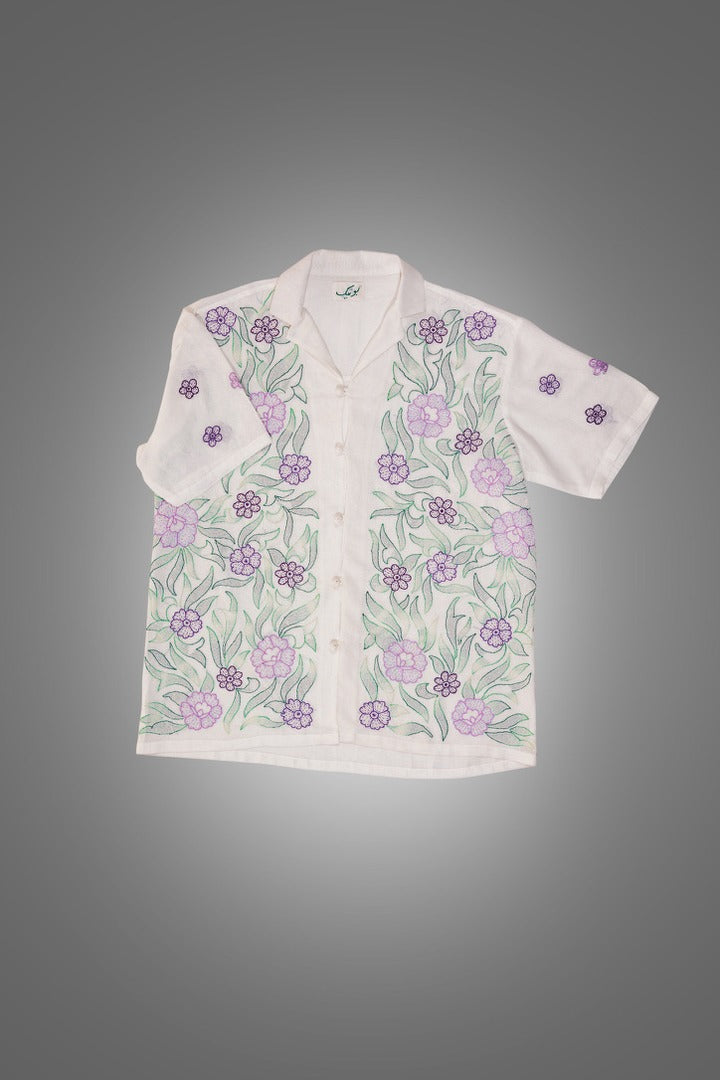 "Jungle Mein Bahaar" White Floral Embroidered Shirt flat lay
