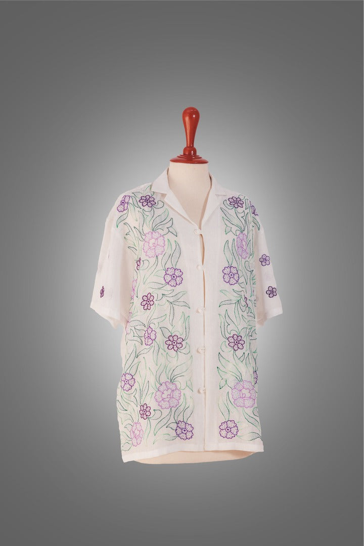 "Jungle Mein Bahaar" White Floral Embroidered Shirt on mannequin